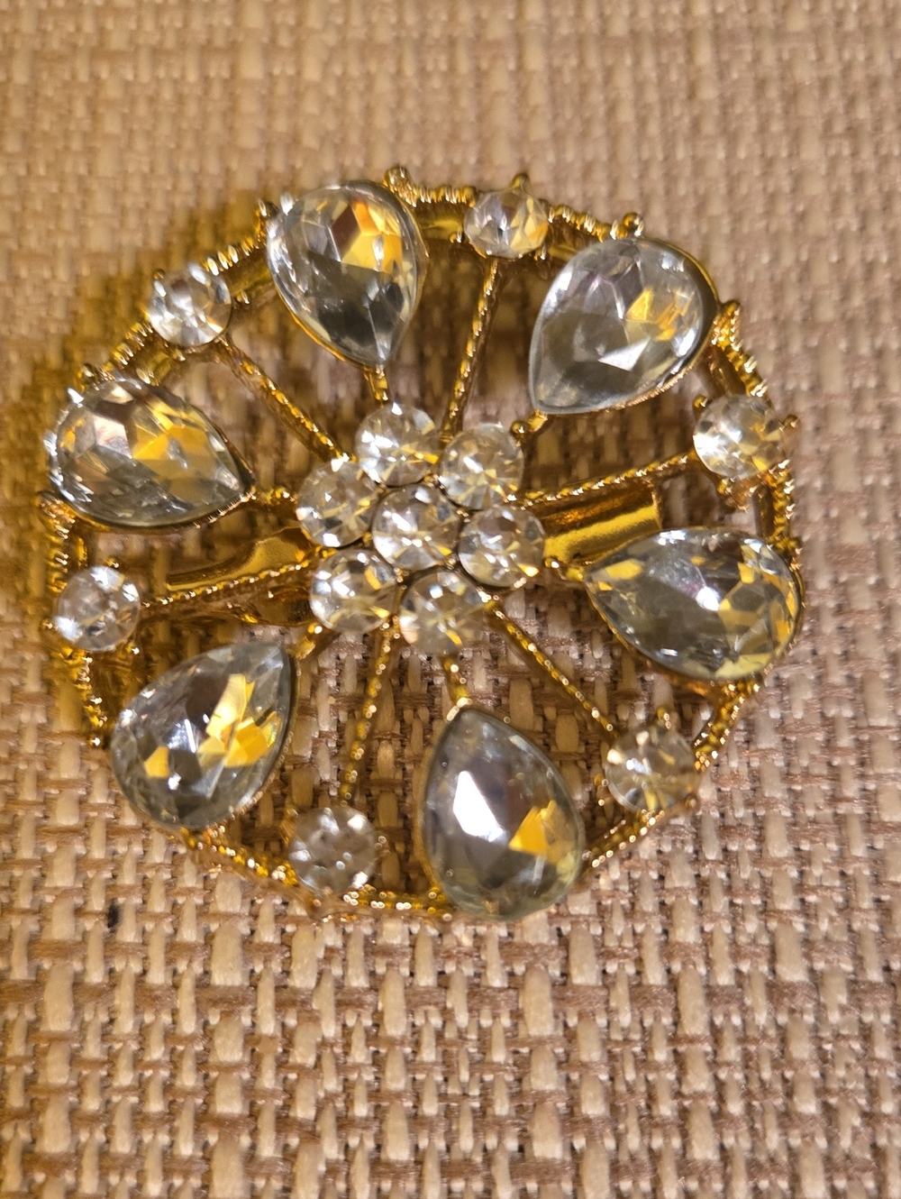 Source Unknown Gold and Clear Crystal Floral Brooch